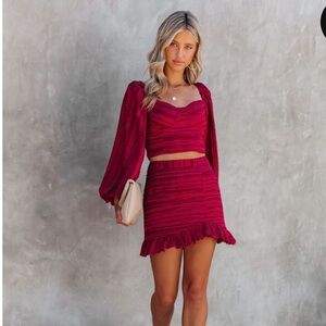 NWT VICI collection, Scarlett Textured Ruffle Mini Skirt Set - Burgundy - Small